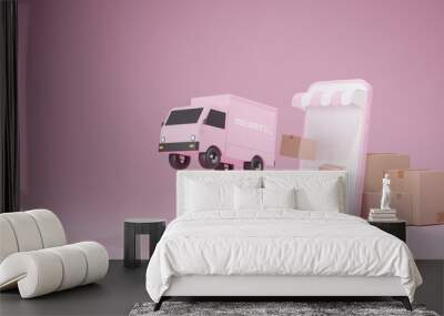 E-commerce concept, Delivery service on mobile application, Transportation delivery by truck. Wall mural