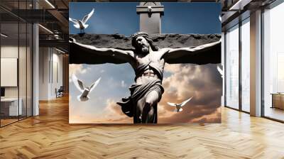 Jesus Christ crucifixion death and resurrection and easter dove flying out of a stone tomb concept Wall mural