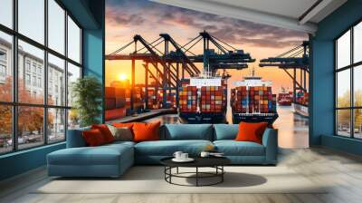 Logistic. container cargo ship loading cargo at industrial port. import and export oversea concept Wall mural