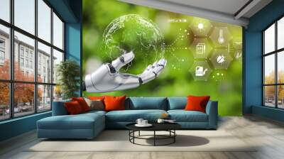 Robot holding icon of Earth. Concept day earth Save the world save environment. Ecology concept. Wall mural