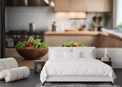 Wooden tabletop counter with salad in kitchen. Wall mural