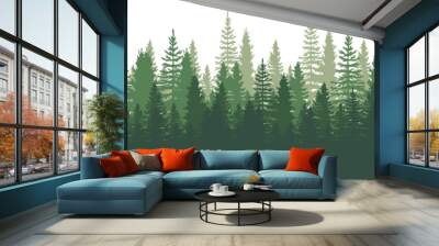 Forest Panorama view. Pines. Spruce nature landscape. Forest background. Set of Pine, Spruce and Christmas Tree on White background. Silhouette forest background. Vector illustration Wall mural