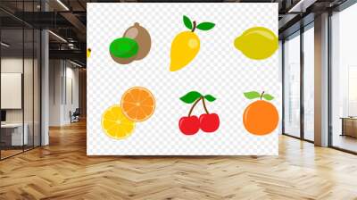 Fresh juicy fruit and berries in flat style on transparent background Wall mural