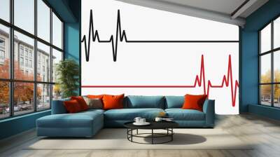 Heartbeat red and black line. Palpitation. Red heartbeat, line of life and black heartbeat, line of death Wall mural