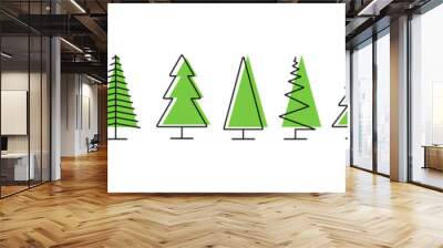 Trees pines vector icons. Trees icons in a row, isolated. Panorama view. Christmas tree in line flat design. Vector illustration Wall mural