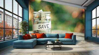 Glass jars with dollars and text save. Wall mural