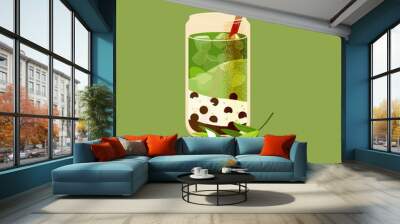 matcha bubble tea, pearl milk tea isolated on green background. summer cold drink vector illustratio Wall mural