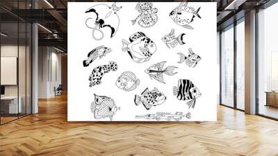 Tropical reef fish vector set. Ocean and aquarium underwater life black outline fishes isolated on white background. Sea wild animals line art illustration Wall mural