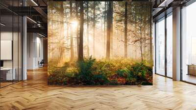 Magical light in misty forest, with the rays of gold sunlight illuminating the fog and vegetation, and the tree trunks silhouettes creating depth. Panoramic shot. Wall mural