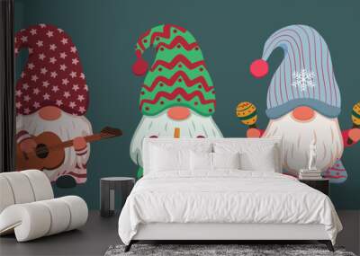 Cute Christmas Gnomes with music tools clipart vector design Wall mural