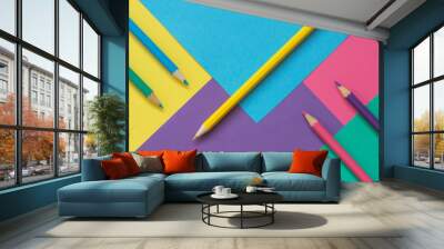 Background of colored paper and pencils Wall mural