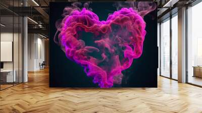 Pink smoke in the shape of a heart on a dark background. Created with Generative AI Wall mural