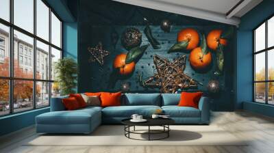 Still life with tangerines and Christmas decorations Wall mural