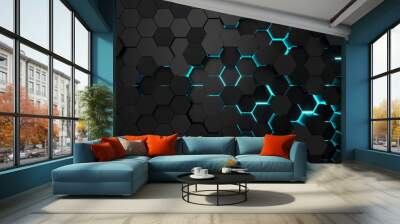 Technological hexagonal background with blue neon illumination Wall mural