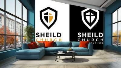 Cross and shield of faith christian church vector logo. Missionary icon. Religious symbol. Protection, safety, security sign. Windows or doors. Weapon conservative idea.on a black and white background Wall mural