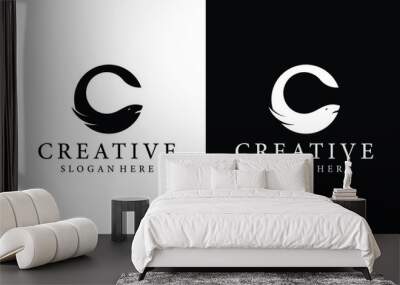 letter C logo with fish vector on a black and white background. Wall mural