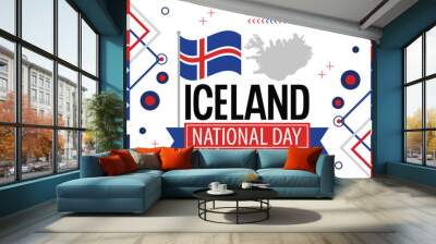 Iceland national day banner design. Icelandic flag and map theme graphic art web background. Abstract celebration geometric decoration, red white blue color. Wall mural