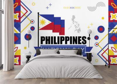 Philippines Independence Day abstract banner design with flag and map. Flag color theme geometric pattern retro modern Illustration design. Blue, red, yellow and white color template. Wall mural