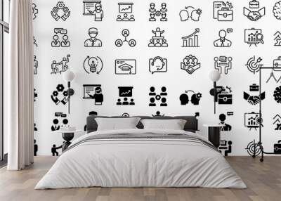 Set of 27 icons related to training, coaching, mentoring, education, meeting, conference, teamwork. Collection in two different styles Wall mural