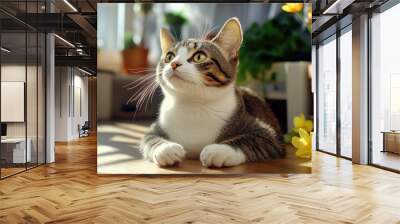 Cat Resting Comfortably Indoors on Wooden Floor Wall mural