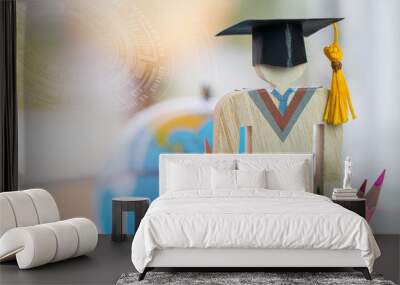 Graduate or Education knowledge learning study abroad concept : Graduation cap with blur america earth globe, radar background, alternative studying distant for learn. Back to School and successful Wall mural