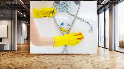 A woman cleaning bath at home. Female washing bathtub and faucet Wall mural