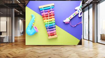 toy Musical instruments on wooden background Wall mural