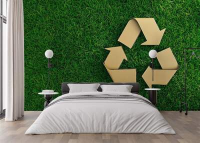 Cardboard Recycling Symbol on Green Grass, Representing Sustainability, Environmental Conservation, and Eco-Friendly Practices Wall mural