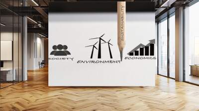 Drawing sustainable future concept and economic growth with environment idea. Environment society and economics written on white paper with pencil Wall mural