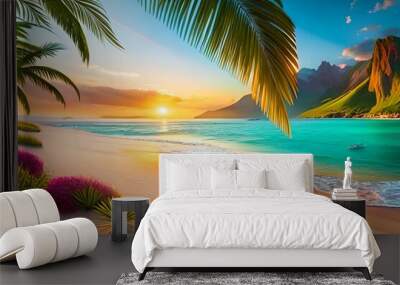 Beautiful summer vacation holidays, sea beach with palm tree leaves & various colorful flower background, rainbow shining this hot sunny time  Wall mural