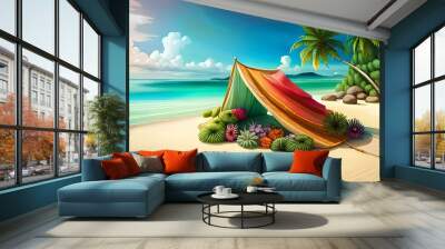 Beautiful summer vacation holidays, sea beach with palm tree leaves & various colorful flower background, rainbow shining this hot sunny time  Wall mural