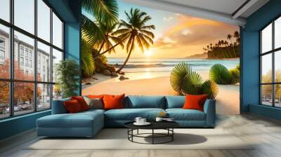 Beautiful summer vacation holidays, sea beach with palm tree leaves & various colorful flower background, rainbow shining this hot sunny time  Wall mural