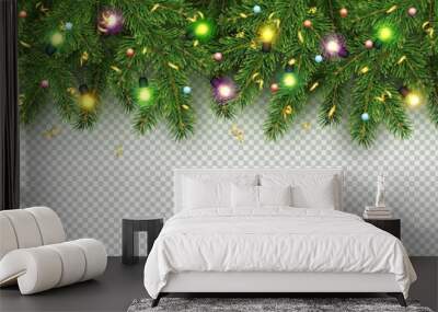 Christmas and New Year banner of realistic branches of Christmas tree, garland with glowing light bulbs, holly berries, serpentine Wall mural