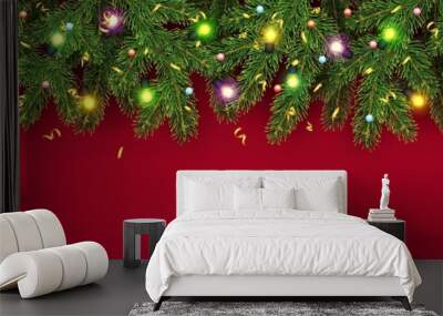 Christmas and New Year banner of realistic branches of Christmas tree, garland with glowing light bulbs, holly berries, serpentine Wall mural