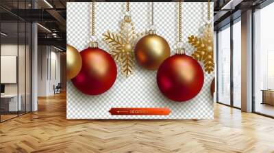 Christmas and New Year seamless border. Golden snowflakes, red and gold realistic Christmas balls hanging on chains. Decorative vector ornament for festive design isolated on transparent background Wall mural