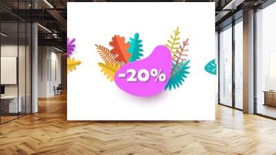 Summer spring autumn sale, Set of ad banner with discount 10 20 30 percent with bright colorful leaves in paper cut style, isolated on white background, special price Discount Offer Season Sale design Wall mural