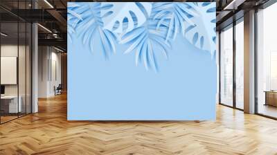 Vector tropical horizontal banner with silvery palm leaves on light blue backdrop. Exotic hawaiian jungle winter design, wintertime background. Pastel minimal style Wall mural