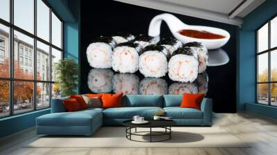 Fresh delicious Japanese sushi with shrimp on dark background Wall mural