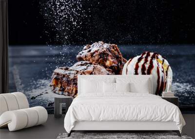 hot chocolate brownie dessert ice cream ball and slice of chocolate cake Wall mural