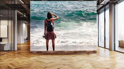 Rear view of a brunette girl looking at ocean. Freedom concept, holiday, beach Wall mural