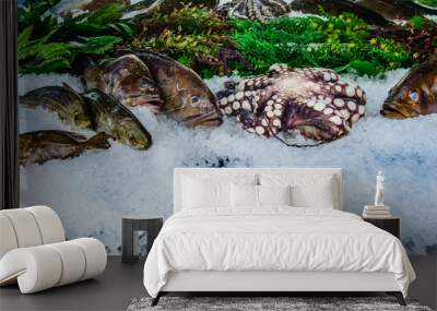 Seafood on ice at the fish market Wall mural