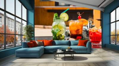 set of coctails on bar counter in a restaurant, pub. collection of fresh juice alcoholic drinks Wall mural