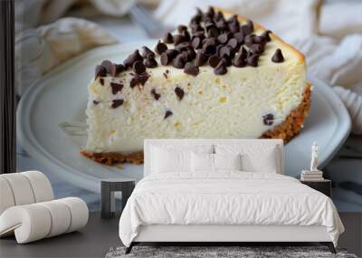 A scrumptious slice of chocolate chip cheesecake presented on a stylish plate Wall mural