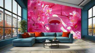 A white cup with tea sits on a pink background of flowers Wall mural