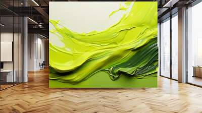 Abstract acid green and yellow acrylic green paint design on canvas, featuring vibrant brush strokes and splashes. Wall mural