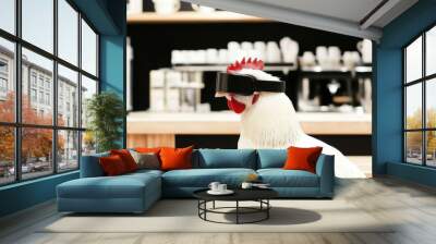 Chicken wearing futuristic VR headset in modern kitchen setting Wall mural