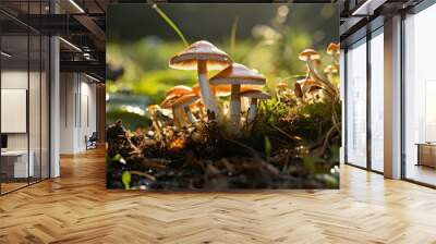 Cluster of mushrooms nestled in lush grass. Wall mural