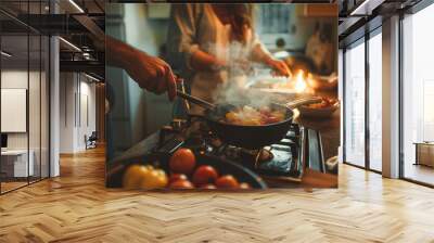 Couple Cooking Together in Cozy Kitchen with Fresh Ingredients and Steaming Pan Wall mural