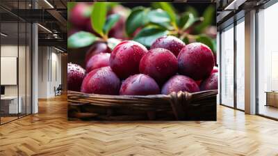 Elegant arrangement of plums in a rustic wooden bowl on a wooden table. Wall mural