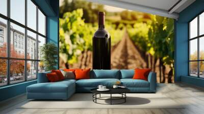 Elegant bottle of red wine in a sunny vineyard landscape with lush green vines Wall mural